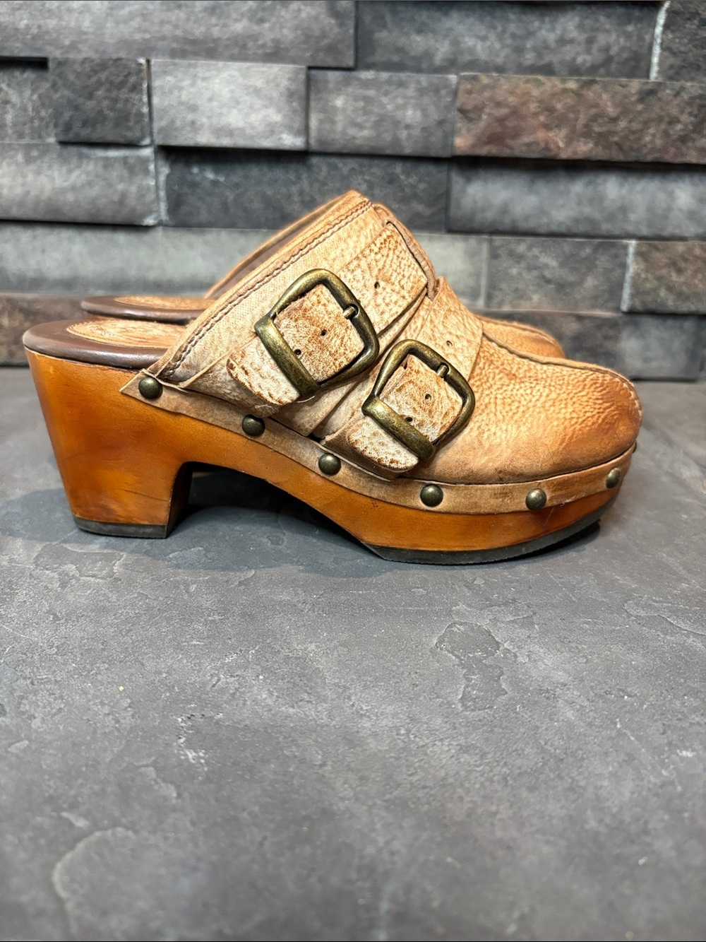 Ariat Tan Distressed Leather Buckle Clog Mules with Wood Sole - Picture 4 of 11